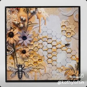 Mixed Media Honeycomb Bee Art Panel with Sunflowers